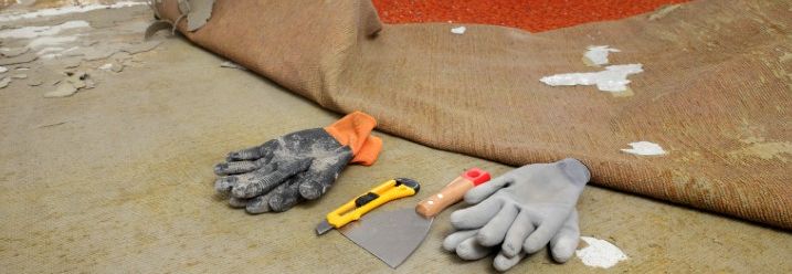Handschuhe und Kratzer liegen vor entferntem Teppichboden